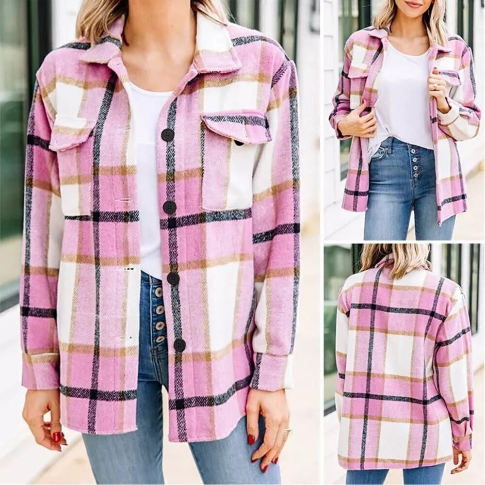 Plaid Pink Blue Cozy Fleece Button Down Jacket - Picture 1 of 10